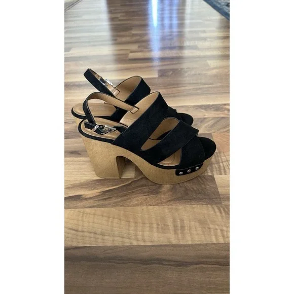 Womens Chunky Heel Sandals Size 8 Platform Clog Suede Boho Black Brown Festival - Picture 7 of 10